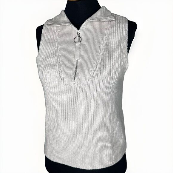 525 Sweater Zip Mock Neck Tank Top Womens Sz XS Cotton Knit Neutral Minimalist - Picture 2 of 8
